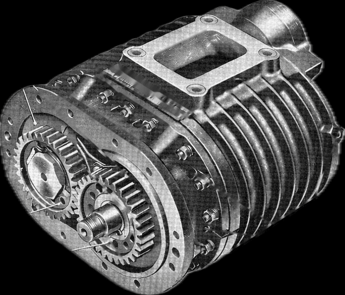 Roots blower supercharger — internal gears and mechanism